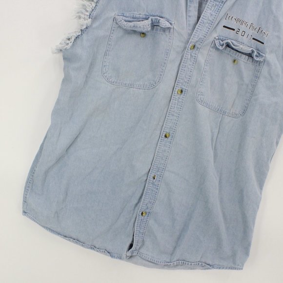 Vintage American Biker Image Men's Sleeveless Button Up Denim Shirt Size L - Picture 3 of 9
